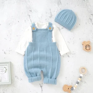 Cute Sleeveless Knitted Strap Rompers Infant Jumpsuits Outfits Sets with Hats for Newborn Baby Boys Girls